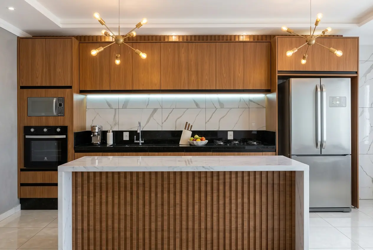 Cozinha moderna em madeira e mÃ¡rmore com ilha central ripada - Frota Móveis