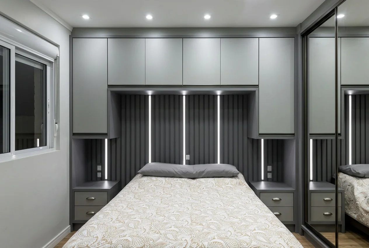 DormitÃ³rio moderno com iluminaÃ§Ã£o integrada e cabeceira sob medida - Frota Móveis
