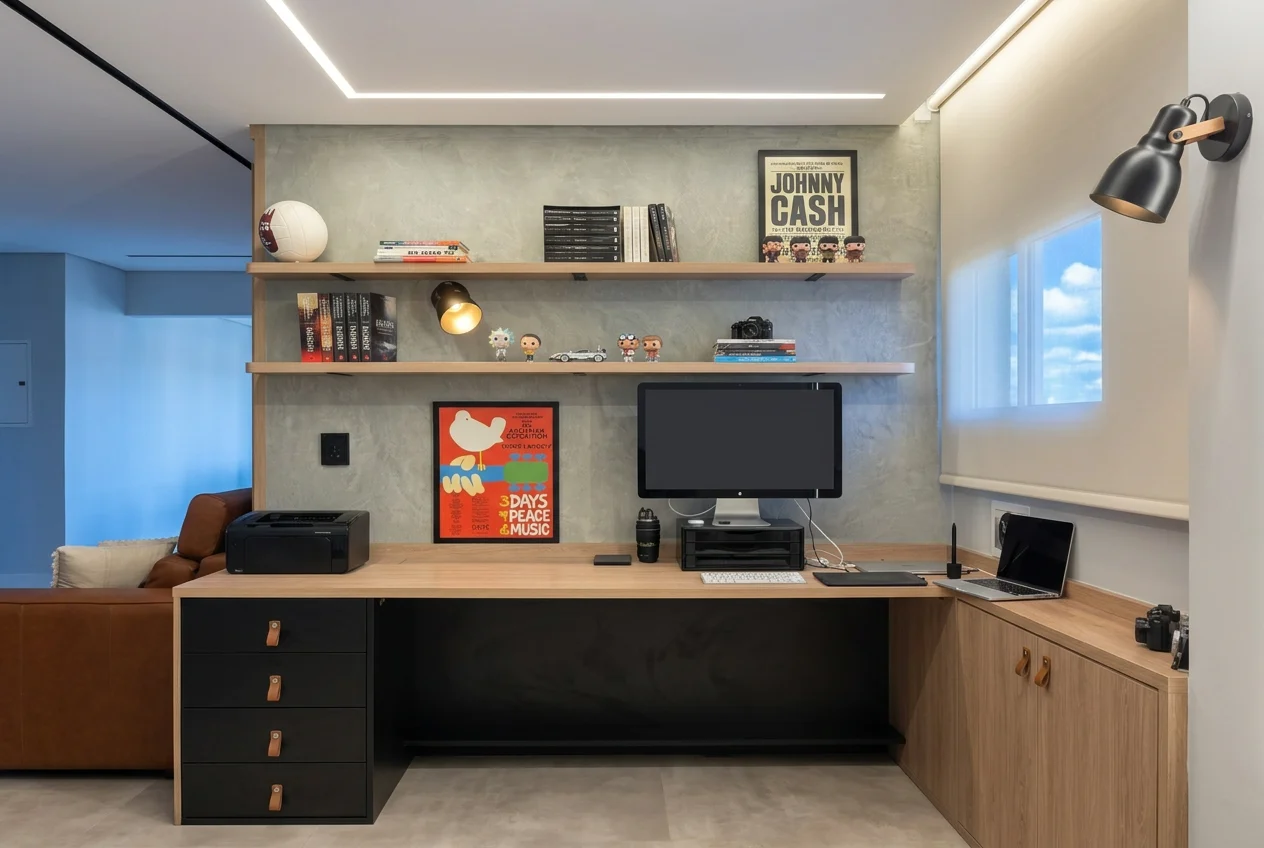 Home office moderno com toque industrial, prateleiras suspensas e marcenaria inteligente