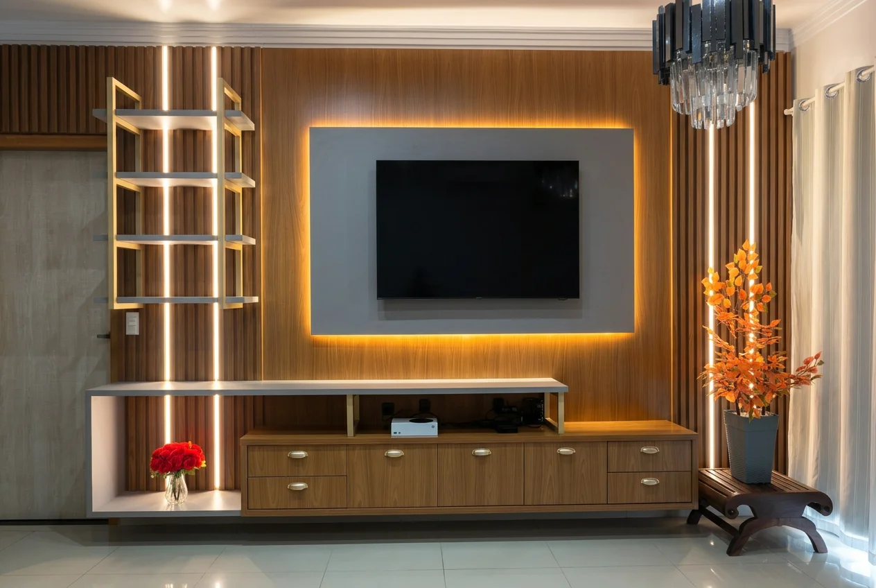 Home theater planejado amadeirado com iluminaÃ§Ã£o embutida e nichos laterais