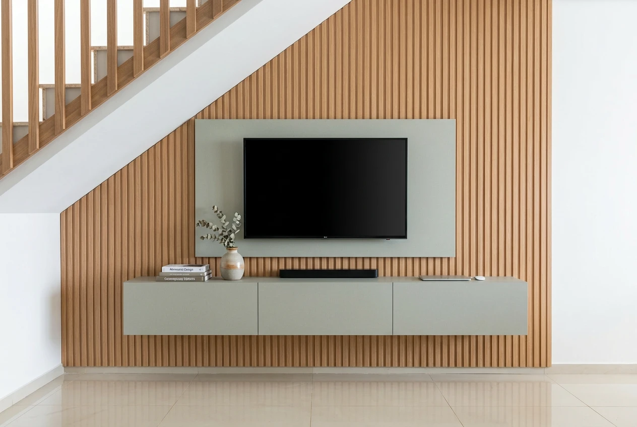 MÃ³vel ripado minimalista para otimizaÃ§Ã£o de espaÃ§o sob medida - Frota Móveis